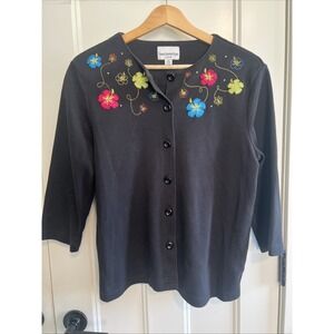 Breckenridge PM Top Black Button-Up Embroidery & Rhinestones 3/4 Sleeves VTG